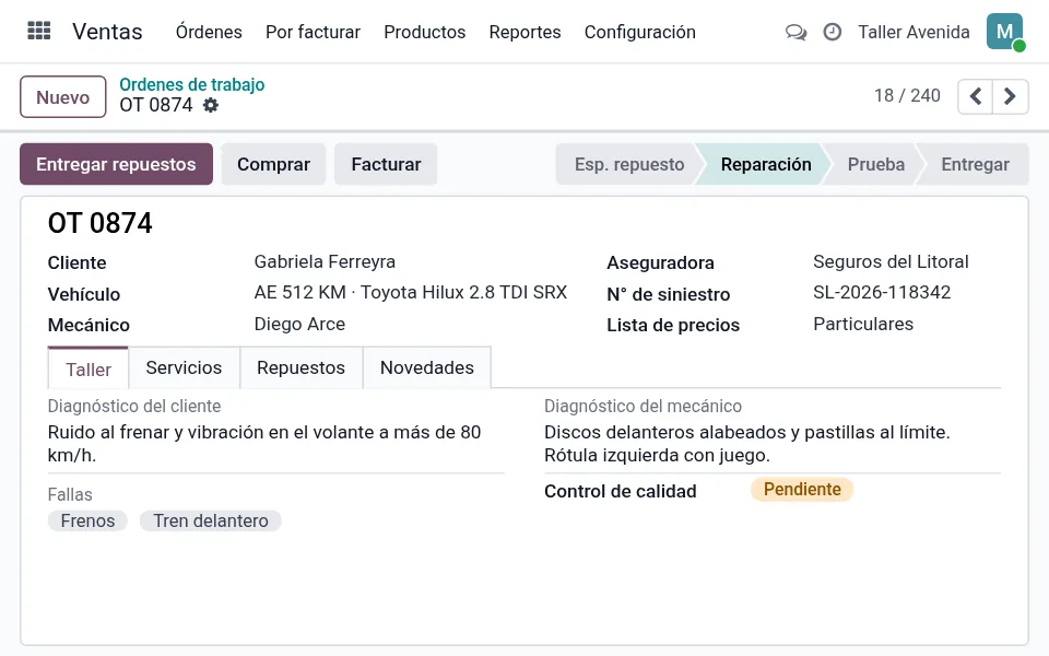 Orden de trabajo con vehículo, mecánico y diagnóstico