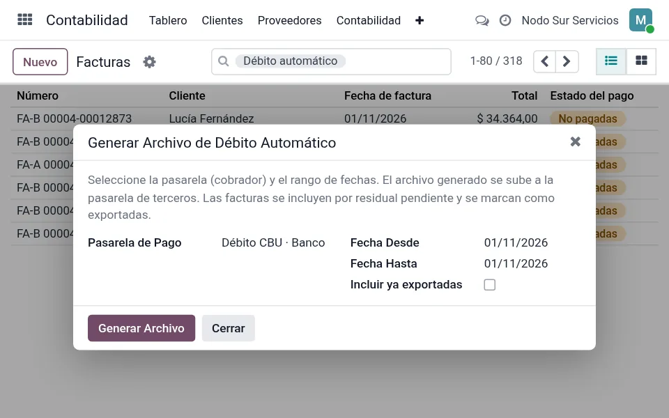 Asistente Generar Archivo de Débito Automático con pasarela y rango de fechas
