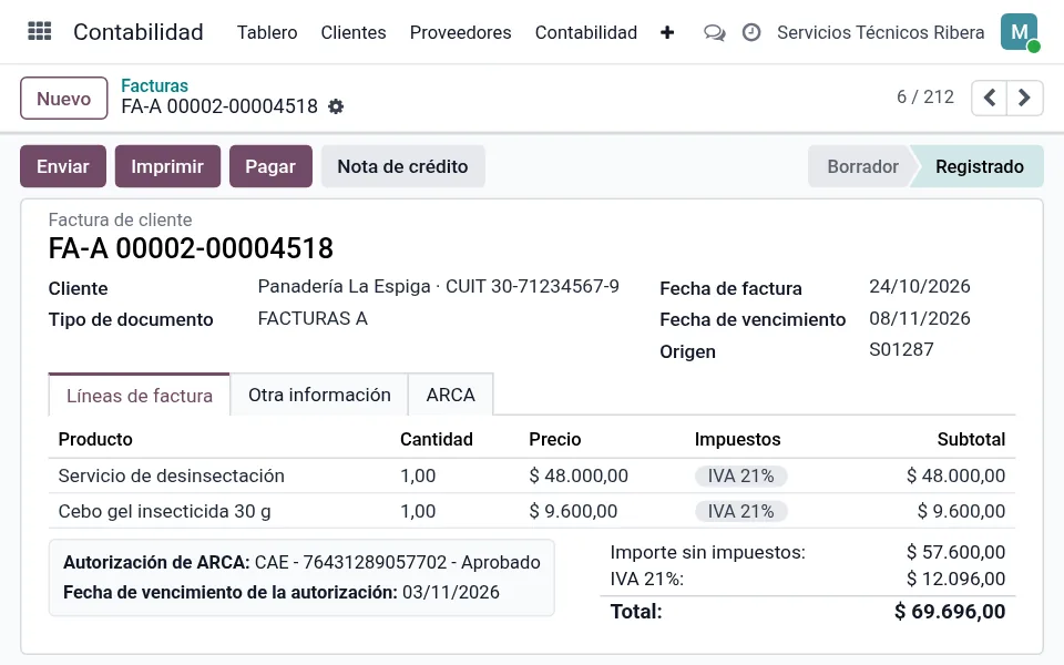 Factura electrónica con CAE creada desde la visita
