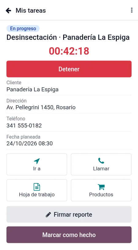 Visita en progreso en el celular del técnico, con cronómetro y botones