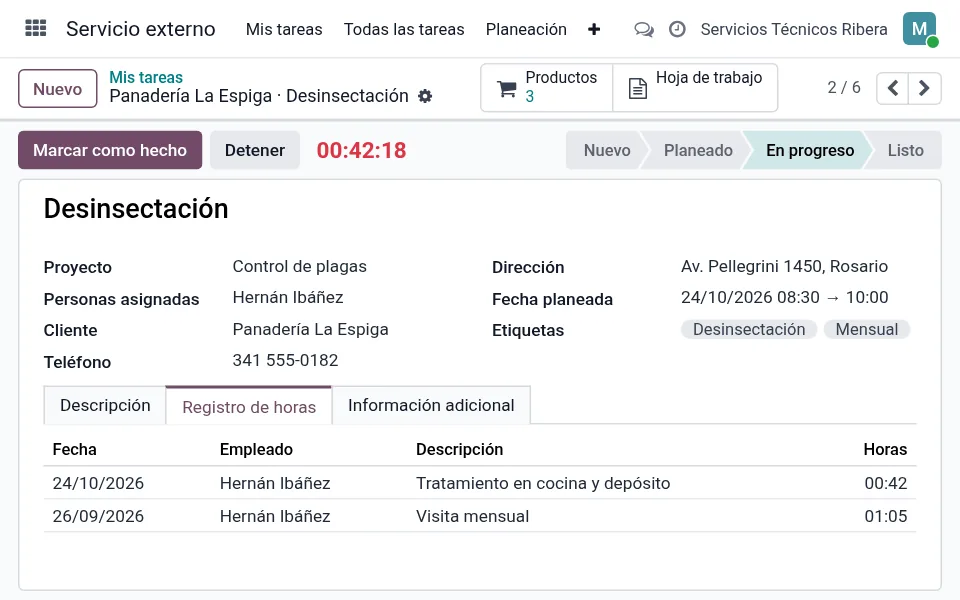 Tarea de servicio en progreso con el tiempo registrado